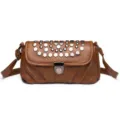 Brown leather crossbody bag with metal studs and clasp closure, stylish retro women shoulder bag. - Brown