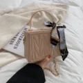 Stylish PU leather box handbag with metal handle, chic scarf decoration and chain strap. - Khaki
