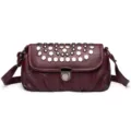 Wine red leather shoulder bag with metallic studs and push lock closure for women. - Burgundy
