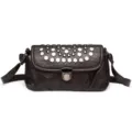 Women retro brown shoulder crossbody bag with metal rivets and lock clasp design. - Coffee
