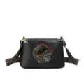 Women retro ethnic style PU leather crossbody bag with embossed elephant design black bag - Black