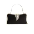 Black Velvet Evening Clutch Bag with Gold Leaf Clasp and Chain Strap for Women Party - Black