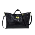 Women retro large capacity quilted shoulder bag casual commute tote handbag black stylish - Black