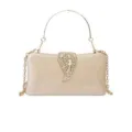 Elegant women evening clutch bag with metallic ring handle, chain strap and gold leaf clasp. - Off White