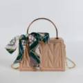 Beige box handbag with gold metal handle, stylish scarf accessory and chain strap. - Khaki