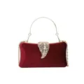 Red velvet evening clutch bag with gold leaf clasp, elegant chain shoulder handbag for women. - Burgundy