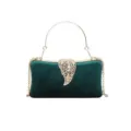 Elegant dark green velvet evening clutch bag with gold hollow leaf clasp and chain strap. - Green