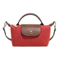 Clásico bolso de hombro de nailon rojo con solapa de cuero marrón, elegante bolso. - Rojo