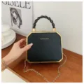 Black box handbag with braided handle, gold metallic frame and chic chain crossbody strap. - Black