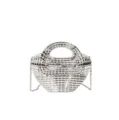 Silver metallic woven acrylic shoulder bag, stylish dumpling shape with chain strap for women. - Silver