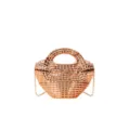 Glossy rose gold metallic structured handbag detail view, elegant evening party shoulder bag. - Khaki