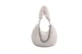 White faux fur shoulder bag with metallic pearl chain, fluffy winter plush handbag for women. - White