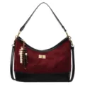 Burgundy suede quilted shoulder bag with black leather trim and cute wooden bead charm. - Burgundy