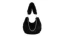 Black faux fur underarm bag with silver bead chain, stylish plush shoulder bag for women. - Black