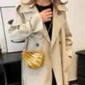 Gold acrylic shell crossbody bag for women, stylish clutch with metal chain strap. - Gold