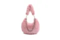 Pink fluffy shoulder bag with faux fur and pearl chain, stylish hobo handbag for women. - Pink