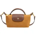 Elegante mini bolso cruzado de nailon con solapa de cuero marrón y asa superior - Amarillo