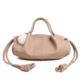 Beige leather handbag, dumpling cloud shoulder bag with knotted drawstrings and cute fur ball charm. - Without Pendant / Khaki