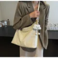 White soft leather hobo shoulder bag with cute cloud plush keychain and chic chain strap. - White With Pendant