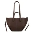 Brown leather tote bag for women, stylish shoulder handbag with double handles and side ties. - Coffee