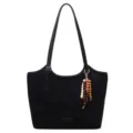 Black suede tote bag for women, large capacity minimalist shoulder bag with beads. - Black