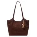 Vintage brown suede tote bag for women, large capacity shoulder bag with wooden beads charm. - Coffee