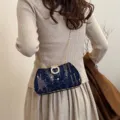Stunning navy blue sequin evening bag with gold chain and rhinestone ring clasp for parties. - Blue