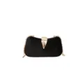 Elegant Black Velvet Evening Clutch Bag with Gold Leaf Metal Buckle and Chain Strap - Black