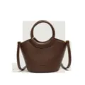 Stylish brown leather bucket handbag for women, versatile crossbody shoulder bag everyday use. - Coffee