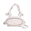 White oil leather crossbody bag with metal studs, trendy knotted handle structured handbag. - White