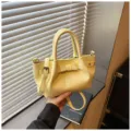 Light yellow mini tote bag, casual PU leather shoulder handbag with bow and strap. - Yellow