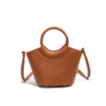Brown leather bucket bag with round top handle and crossbody strap, stylish daily handbag. - Brown