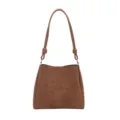 Brown suede shoulder bag detail showing knotted strap design and soft matte texture. - Khaki