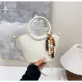 White textured bucket bag women fashion shoulder crossbody handbag with cute wooden beads charm - Cream White with Pendant