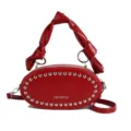 Red oval shoulder bag with metal rivets and unique knotted handle, stylish purse. - Burgundy