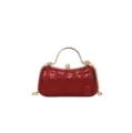 Red sequined evening clutch bag with gold metal top handle and chain strap for women. - Red