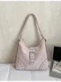 Pink stylish shoulder bag for women, large capacity hobo tote with buckle and chic metal studs. - Pink