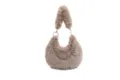 Khaki fluffy faux fur shoulder bag, cute hobo purse with silver bead chain decoration. - Khaki