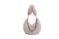 Fluffy faux fur underarm bag with metal bead chain, chic shoulder bag for women. - Off White