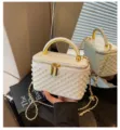 Elegant white pearl vanity handbag with luxury gold top handle and chain strap for women trendy - Black