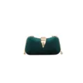 Elegant dark green velvet evening clutch bag with gold leaf clasp and chain strap for parties. - Green