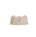 Elegant velvet evening clutch bag with gold chain and leaf clasp for wedding party shoulder use. - Off White