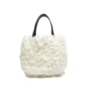 White fluffy plush tote bag for women, cute curly faux fur handbag with black handle style - White