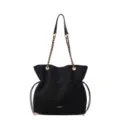 Black suede slouchy tote bag with chain strap and drawstring design, stylish daily shoulder bag. - L / Black