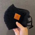 Black fuzzy fleece warm face mask winter windproof cute lamb wool anti-dust cycling mask - Black