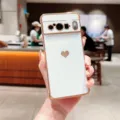 Electroplated heart phone case for Google Pixel, white soft protective back cover with gold edge. - White / Pixel 10PRO XL