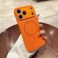 Orange plain leather MagSafe phone case with camera lens protection for iPhone, sleek finish. - Orange