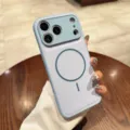 Close-up detail of the premium light blue leather MagSafe phone case with magnetic ring. - Blue