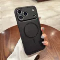 Detailed view of black leather MagSafe phone case showcasing premium texture and precise cutouts. - Black