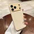 Detail view of beige plain leather MagSafe phone case with precise camera cutouts and fine finish. - iPhone15 / White
